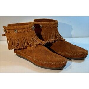 Minnetonka Boho Moccasins Ankle Booties Fringe Back Zip Suede Womens Size 7.5